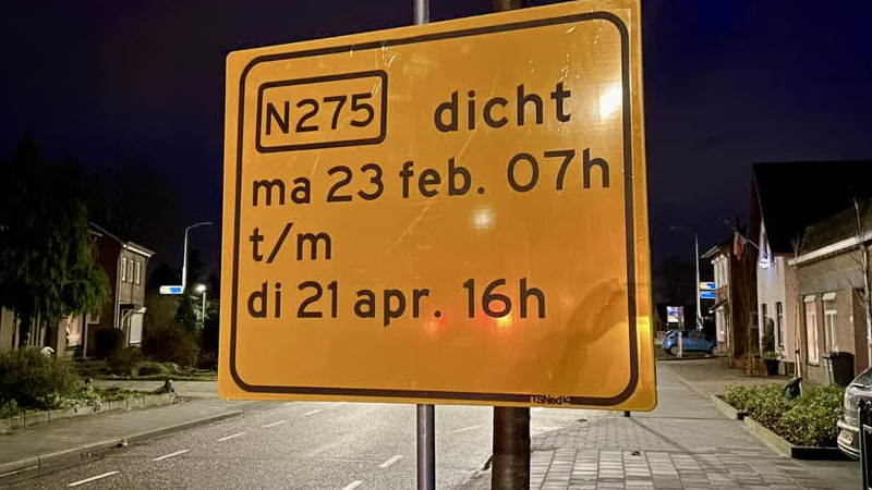N275 in Maasbree eind februari dicht vanwege werkzaamheden
